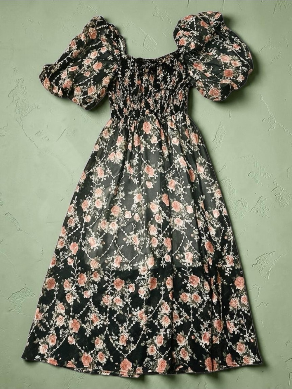 Vintage Whimsigoth Floral Embroidered Lace Smocked Puff Sleeve Maxi Dress S M